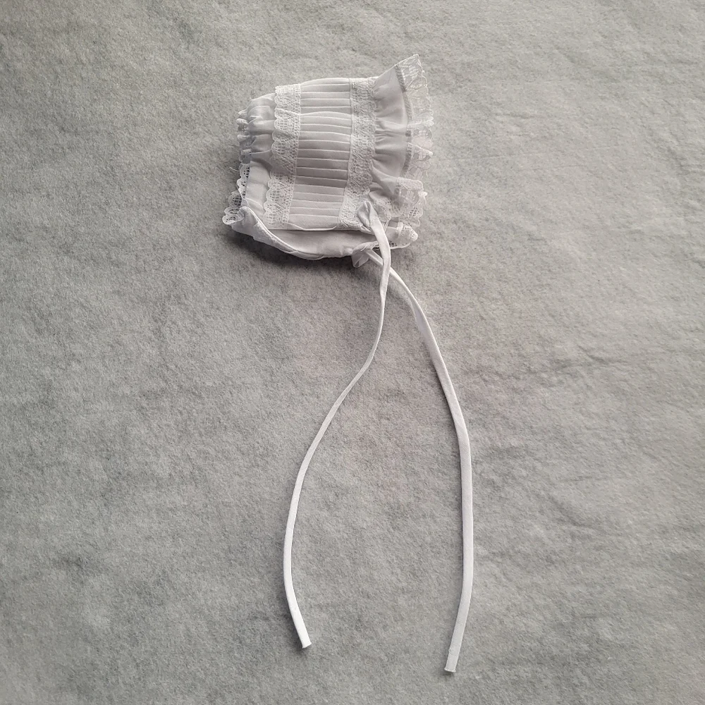 New Born Baby Bonnet Vintage 1986 White Open Back Tie Closure
